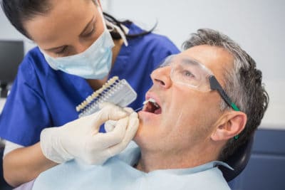 Dentist comparing teeth whitening of her patient in dental clinic